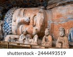Rock sculpture of the 31m sleeping buddha statue of sakyamuni entering nirvana, dazu rock carvings, unesco world heritage site, chongqing municipality, fujian province, china, asia