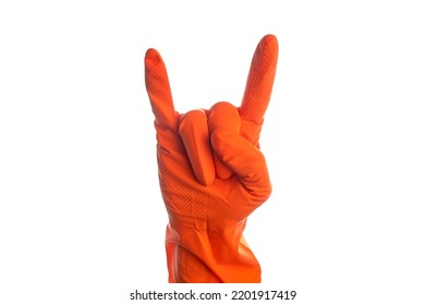 Rock Sign Hand Gesture In Orange Rubber Glove, Isolated On White Background. Rock And Roll Sign With The Fingers Of The Hand.