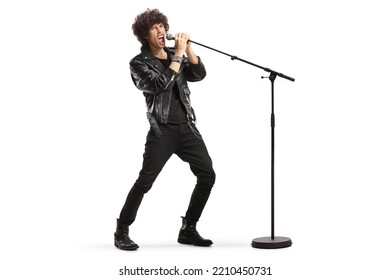 Rock singer in a leather jacket singing loud on a microphone isolated on white background - Powered by Shutterstock