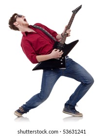 Rock star with a guitar isolated over white background