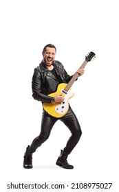 Rock Star Playing An Electric Guitar And Singing Isolated On White Background