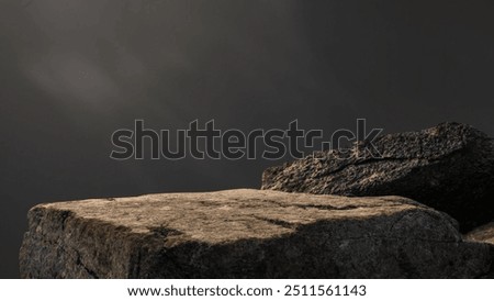Rock, Stone Podium stand Display advertising product, cosmetics show with Studio Dark light wall room Background well free space for text, Cliff Rock Stone Stage, Clipping paths