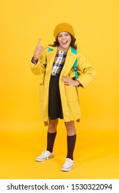 In Rock Style. Small Girl Gesture Horn Sign In Formal Style. Little Cute Child Wear Autumn Fashion Style. School Dress Code. School Uniform Never Goes Out Of Style.
