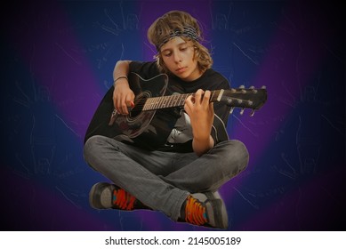 Rocker Teen With Bandana Playing Accoustic Guitar Isolated On White Background