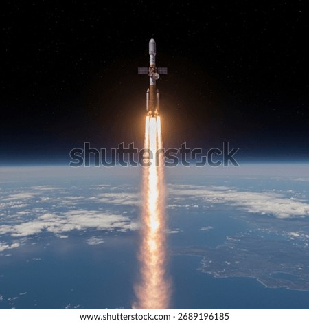 A rocket ascends from Earth into space, leaving a brilliant fiery exhaust plume against a backdrop of stars and clouds.