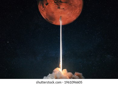 Rocket With Blast And Smoke Takes Off To The Red Planet Mars Mars, Concept. Spacecraft Lift Off To Explore Other Planets. Rocket Launch