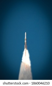 Rocket in the blue sky. The elements of this image furnished by NASA.