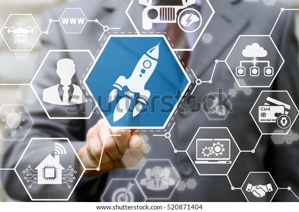 Rocket business start up success
concept . Businessman presses start a startup button. Begining
solution technology start-up. Sign spaceship
technology.