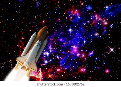 Rocket In The Deep Space. Galaxy And Stars. The Elements Of This Image Furnished By NASA.
