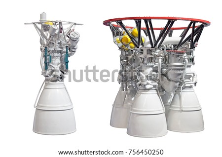 Rocket engines, engine with one nozzles and engine with four nozzles. Isolated on white backgroung