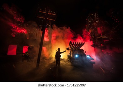Rocket launch with fire clouds. Battle scene with rocket Missiles with Warhead Aimed at Gloomy Sky at night. Soviet rocket launcher on War Background. Creative composition.