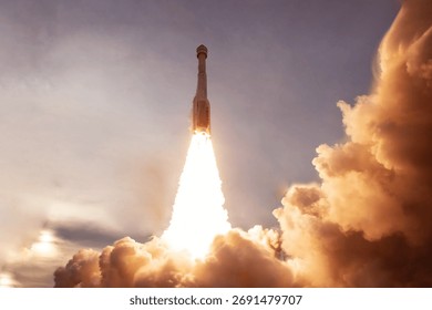 Rocket launch into open space. Elements of this image furnished by NASA. High quality photo