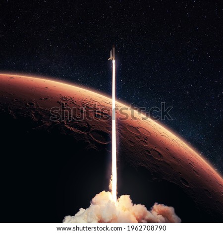 Rocket launch to the red planet Mars. Spaceship takes off into starry deep space with red planet and horizon Mars. Space mission ant travel 