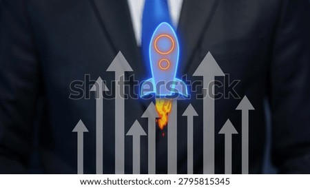 Rocket launch with rising arrows representing business growth, success, innovation and market expansion. Graphic