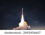 Rocket launch, ship. concept of business product on a market. Spaceship takes off into the starry sky with smoke and blast