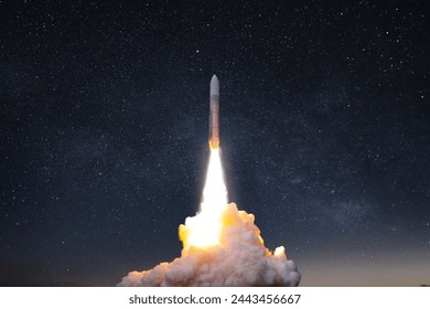 Rocket launch, ship. concept of business product on a market. Spaceship takes off into the starry sky with smoke and blast - Powered by Shutterstock