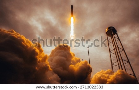 Rocket launching vertically into cloudy sky with massive smoke and water tower Space vehicle lift off with bright engine fire propulsion. Elements of this image furnished by NASA
