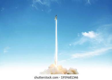 Rocket lift off and starts a space mission in the blue sky. Spaceship with blast and smoke launch into space  - Shutterstock ID 1959681346