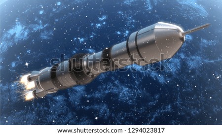 Rocket ship with engine ignited in space