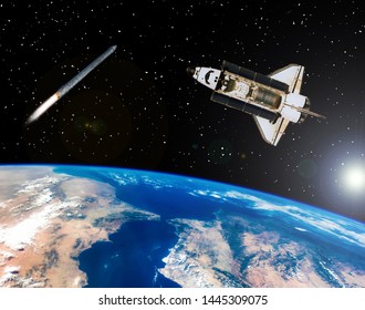 Rocket and shuttle flying in outer space. Space mission. The elements of this image furnished by NASA.