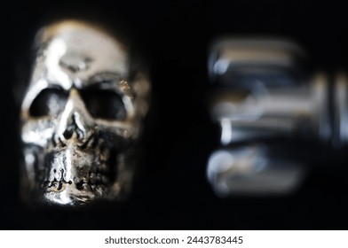 Rocket, skull, bullet. Objects isolated. Bullet, braincase on a black background. Metal objects. Scull, cranium, pericranium. Rocket, pellet, ball, missile.                      