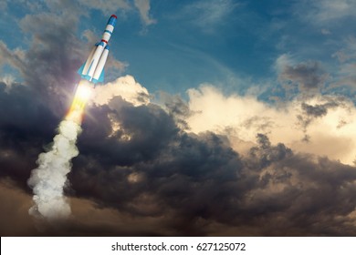 Rocket spaceship flying high. Mixed media with 3D illustration elements - Powered by Shutterstock