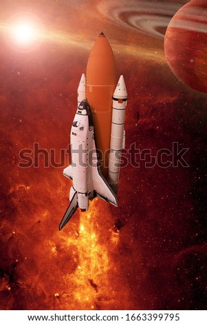 rocket in the starry outer space with saturn planet. 