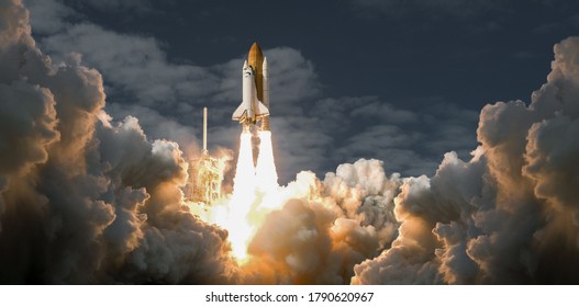 rocket stars into space. spaceship takes off into the night sky on a mission.Elements of this image furnished by NASA
 - Shutterstock ID 1790620967