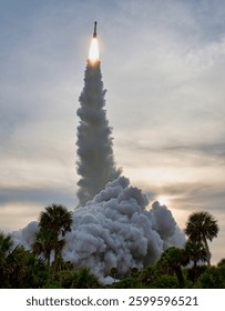Rocket starts into space. Rocket launch from the launch pad complex. The environmental consequences of industrial pollution. Smoke stacks. Mixed media. Elements of this image furnished by NASA