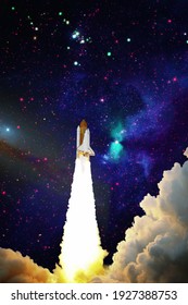Rockets launch into space on the starry sky. Rocket starts into space concept.Elements of this image furnished by NASA