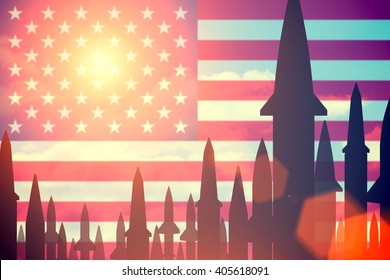 Rockets Silhouettes Background United States Of America Flag. Toned