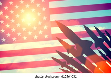 Rockets Silhouettes Background United States Of America Flag. Toned