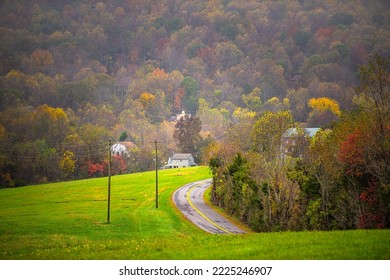 Rockfish Valley With Blue Ridge Mountains In Autumn, Scenic Fall With Colorful Maple Trees Foliage By Nellysford Rural Countryside Town, Nelson County