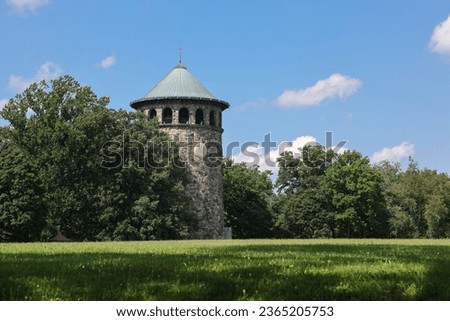 Rockford Tower, a historic stone water tower in Rockford Park in summer, Wilmington, Delaware