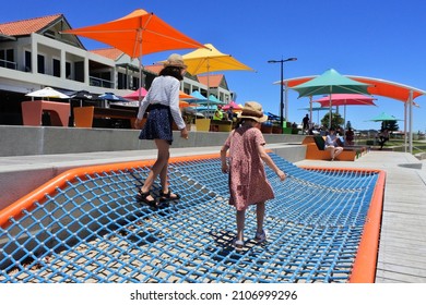 ROCKINGHAM, WA - JAN 14 2022:Australian People Having Fun In Rockingham Esplanade A Popular Tourist Coastal Seaside City South To Perth In Western Australia.