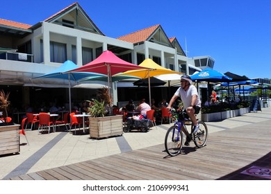 ROCKINGHAM, WA - JAN 14 2022:Australian People Relaxing In Rockingham Esplanade A Popular Tourist Coastal Seaside City South To Perth In Western Australia.