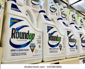 Rocklin, CA - June 4, 2019: Gallons Of RoundUp Weed Killer Spray For Sale At Home Depot. Manufactured By Monsanto Corporation.