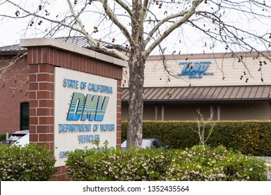 Rocklin, CA / USA - March 25 2019: A California DMV sign in front of the Department of Motor Vehicles building in Rocklin