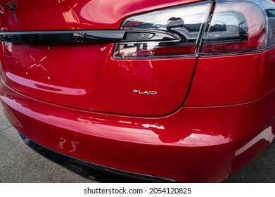 ROCKLIN, CA, U.S.A. - SEPT. 16, 2021: Close up photo of the rear of a brand new Model S Tesla Plaid.  The cars run $130,000 and feature a controversial yoke steering wheel and fast acceleration rate.