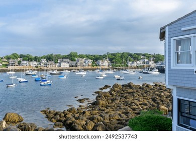 Rockport Harbor Featuring Seaweed Covered Rocks, Sailboats and Coastal Homes, Rockport, Massachusetts, USA - Powered by Shutterstock