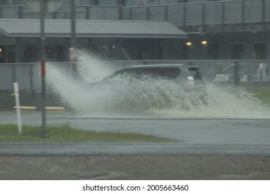 Rockport, Texas, USA—July 7, 2021: A Vehicle Travels Through Floodwaters During What The National Weather Service Declared A Flash Flood Emergency On July 7, 2021. 