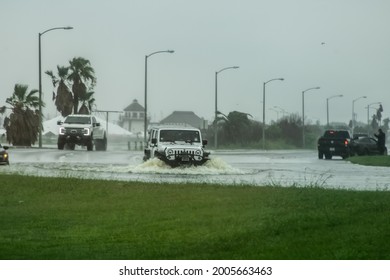 Rockport, Texas, USA—July 7, 2021: A Vehicle Travels Through Floodwaters During What The National Weather Service Declared A Flash Flood Emergency On July 7, 2021. 