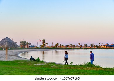 Rockport, Texas / USA - 7  April 2019:
Unidentified People Enjoying A Beautiful Sunset At The Beach.