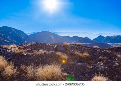 rocks and dry grass tufts in autumn mountains backlit scene at sunny day.