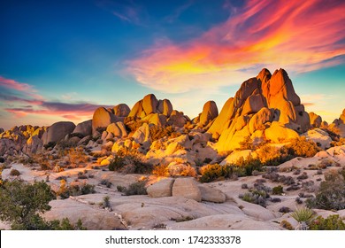 Felsen im Joshua Tree Nationalpark, beleuchtet von Sonnenuntergang, Mojave Wüste, Kalifornien
