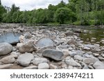 Rocks in a mountain river. Green trees stand on the shore. The water flows over and past stones scattered in the river.