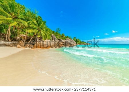 Rocks and palms by the sea in Anse Lazio beach. Praslin island, Seychelles
