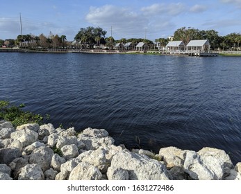 Rocks and pier at Kissimmee Lakefront Park 