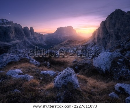 Rocks and stones at colorful sunset in autumn in Dolomites, Italy. Landscape with mountains, trail, hill, orange grass and trees, purple sky with clouds in fall at night. Hiking in mountains. Dusk	
