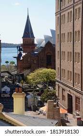 The Rocks, Sydney, Australia: September 12 2020 - View Of The Rocks Markets, ASN Building, Sydney Opera House And Sydney Harbour